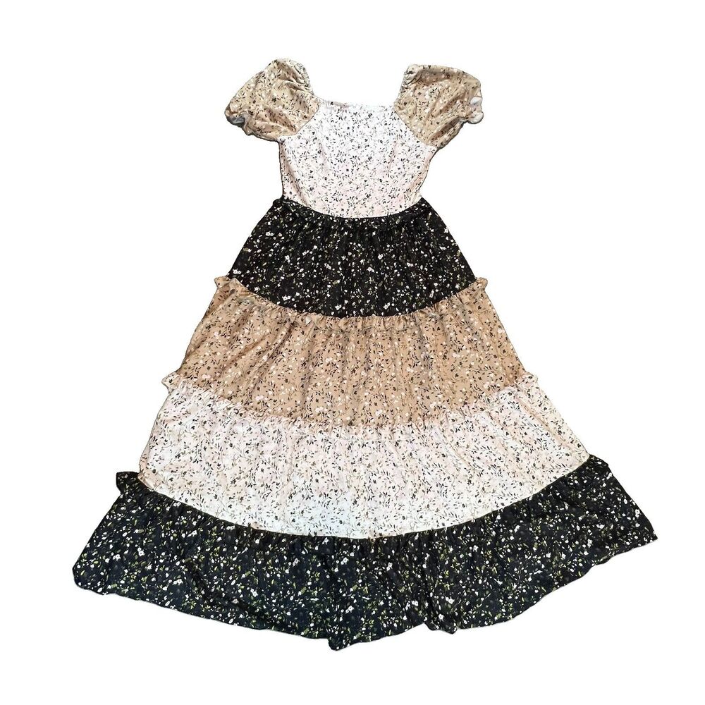 FLORAL MAXI DRESS small medium TIERED RUFFLE PUFF SLEEVE COTTAGE PRARIE ROMANTIC